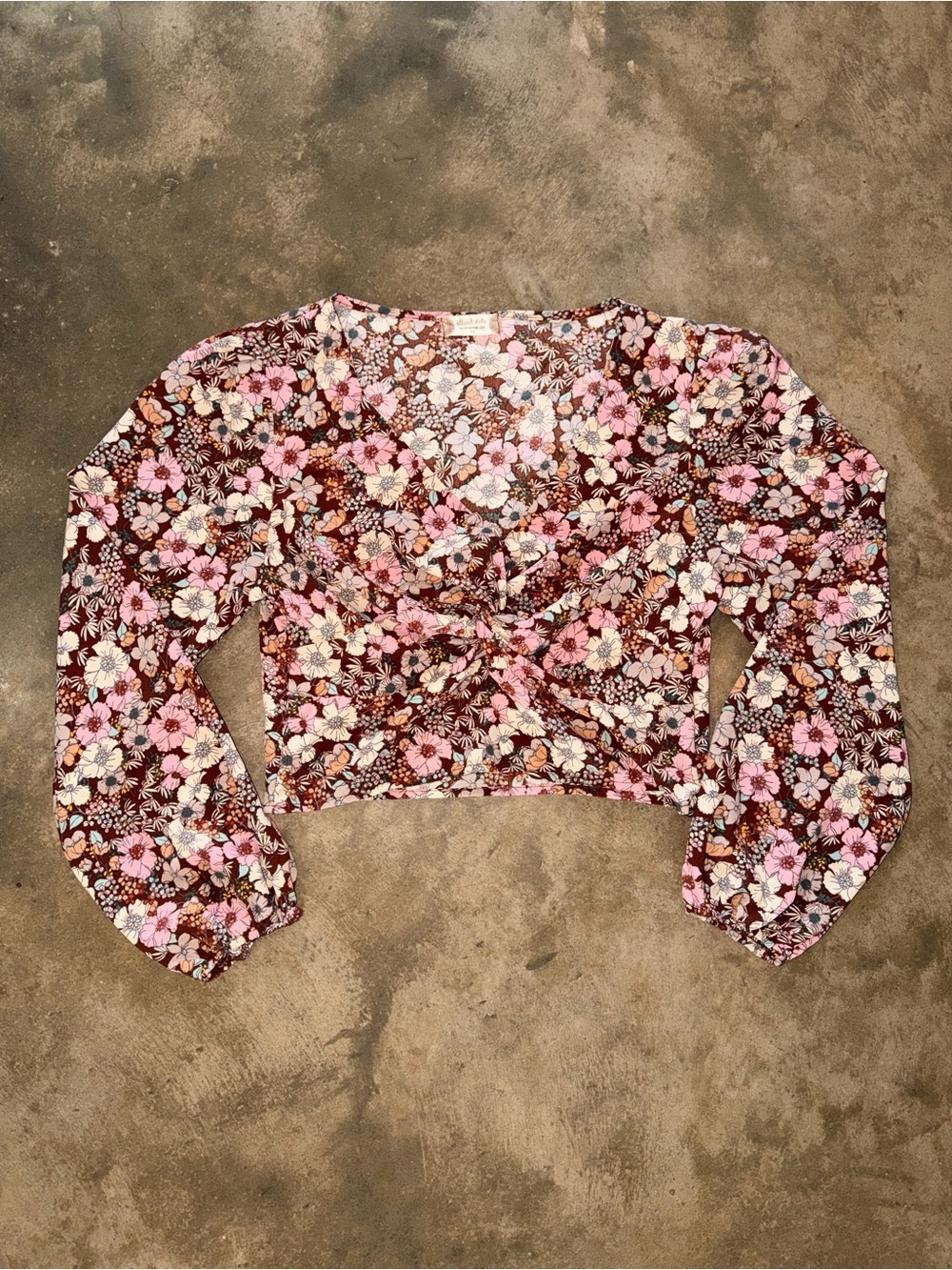 Altar’d State Floral Twist Front Crop Top Puff Sleeve Brown Pink Medium